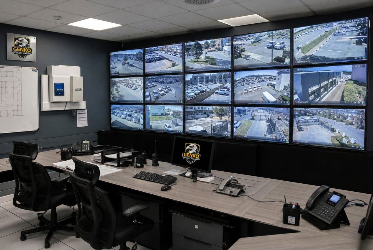 Genko Security CCTV control room with live camera monitoring screens