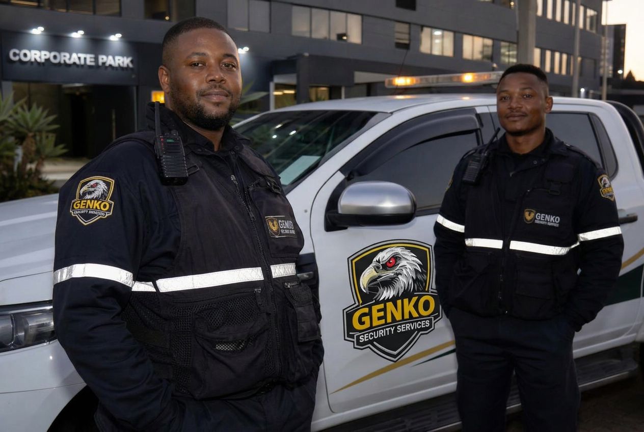 Genko Security officers in branded uniform beside a Genko Security patrol vehicle